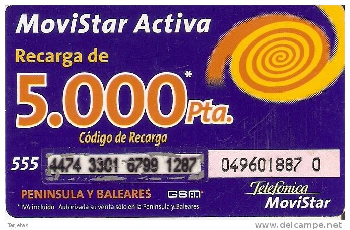 GSMAR-016 TARJETA RECARGA MOVISTAR ACTIVA 5000 PTAS PENINSULA Y BALEARES (AGRUPADOS DE 4 EN 4) - Telefonica