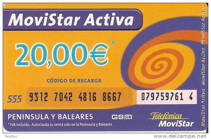 GSMAR-??? TARJETA RECARGA MOVISTAR ACTIVA 20 EUROS - Telefonica