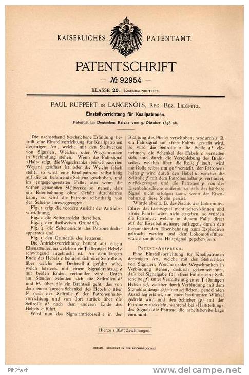 Original Patentschrift - P. Ruppert In Langenöls / Olszyna , Bez. Liegnitz , 1896 , Apparat Für Patronen , Eisenbahn !!! - Historische Dokumente