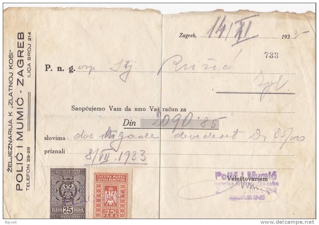 CROATIA  -   RACUN  ,,  POLIC I MUMIC  ,,  ZAGREB   -  1933  -  WITH TAX STAMPS - Sonstige & Ohne Zuordnung