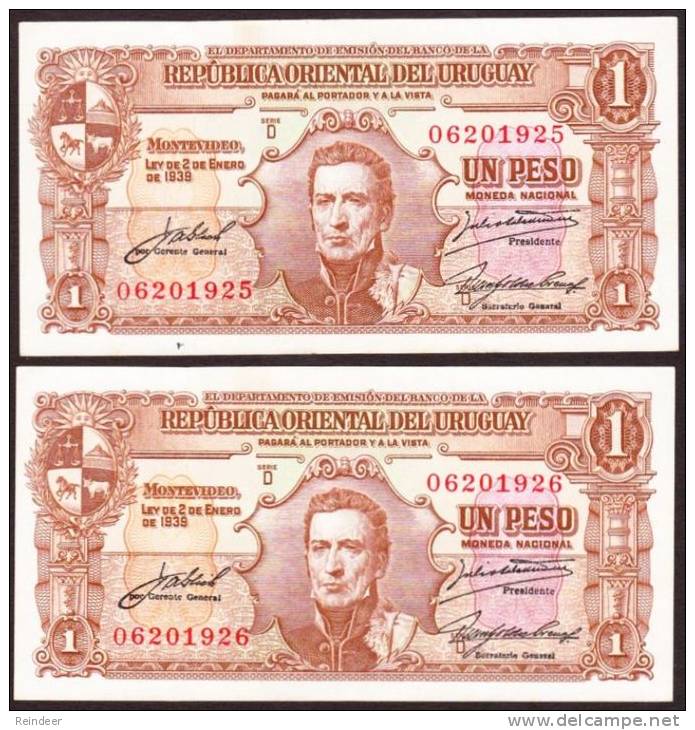 * URUGUAY - 1 Peso (1939) UNC - 2 Billetes Correlativos - Uruguay