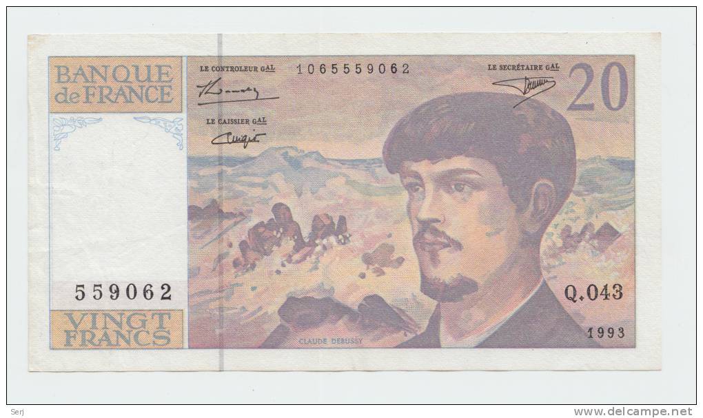 France 20 Francs 1993 AXF CRISP Pre-Euro Banknote P 151g 151 G - 20 F 1980-1997 ''Debussy''