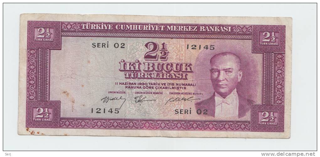 TURKEY  2 1/2 LIRA  1930 (1955) VF P 151 - Turquia