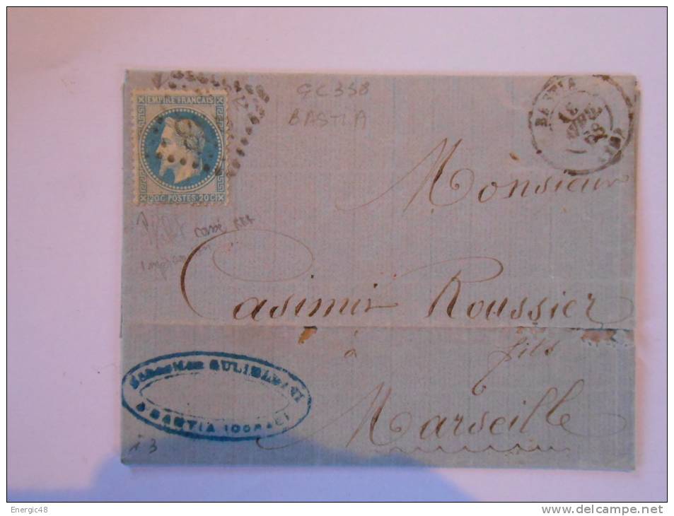 L67.lettre  De BastiaGC358,ind 4 ,voir Verso!!:variété Files Couleur Impression - 1863-1870 Napoleone III Con Gli Allori