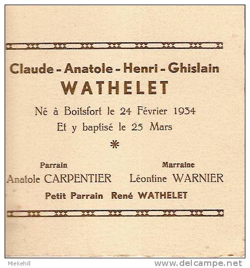 WATERMAEL-BOITSFORT-SOUVENIR DU BAPTEME DE CLAUDE WATHELET - Watermaal-Bosvoorde - Watermael-Boitsfort