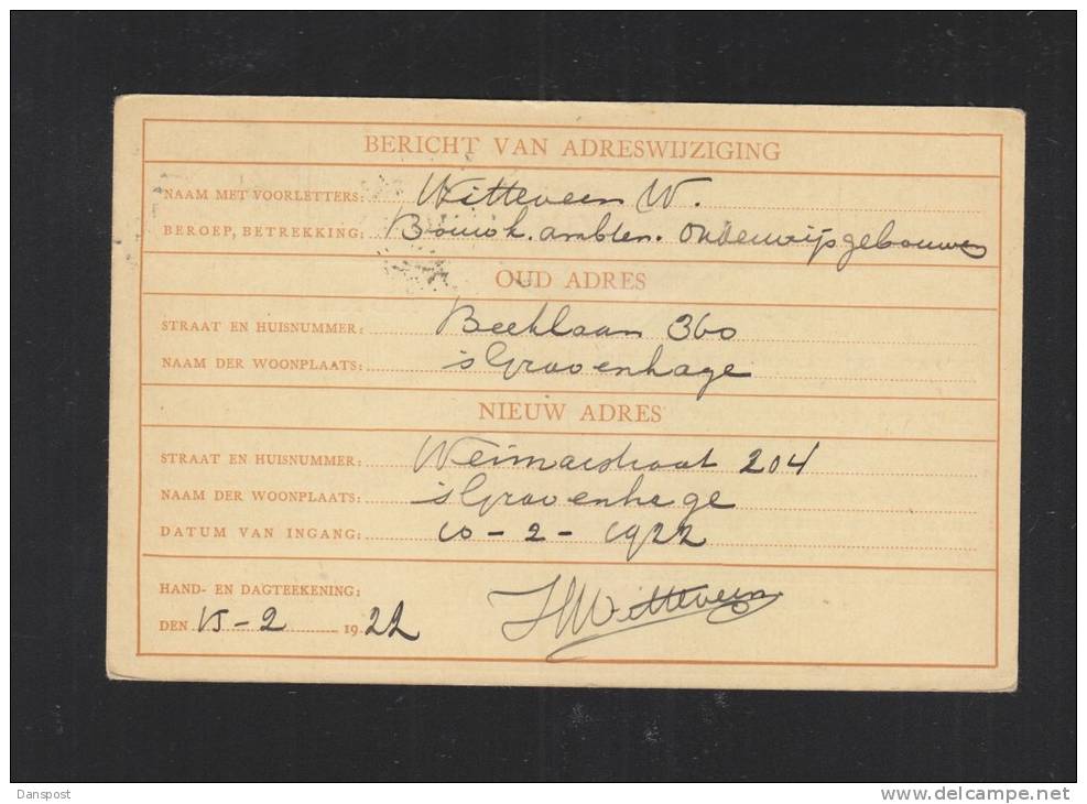 Formuljer Voor Adres Wijziging 1922 - Postal Stationery