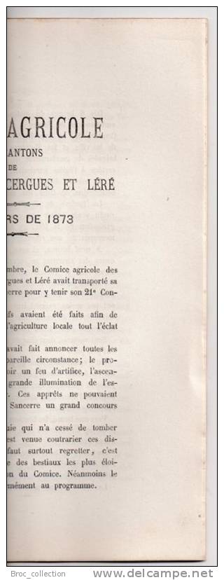 Comice Agricole Des Cantons De Sancerrre, Sancergues & Léré, Concours Tenu à Sancerre Le 14 Septembre 1873 - Centre - Val De Loire