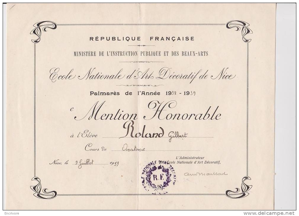 Diplome ECOLE NATIONALE D ART DECORATIF à Roland Gilbert NICE 1939 - Diplômes & Bulletins Scolaires