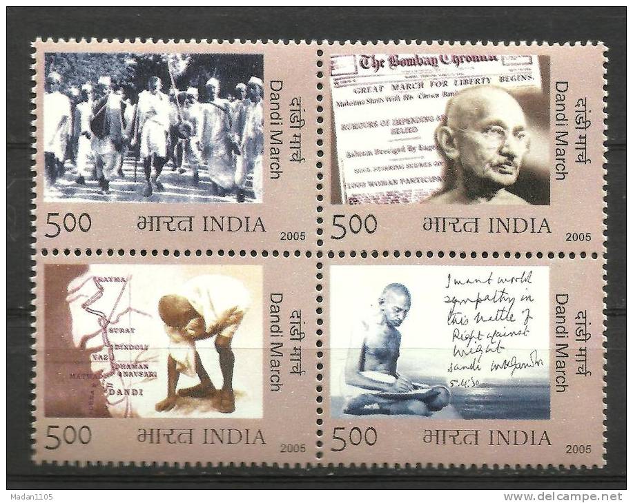 INDIA, 2005, 75th Anniversary Of Dandi March, By Gandhi, (Salt Movement), Setenant Block Of 4, MNH,(**) - Mahatma Gandhi