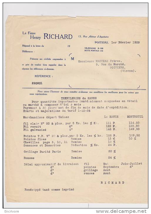 Lettre Conditions De Vente HENRY RICHARD Trefilerie POITIERS - 1900 – 1949