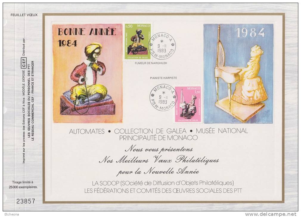 = Bonne Année 1984 Monaco.A 9.11.83 Pour Voeux 1984 Oeuvres Sociales Du Personnel Des PTT  N°1377 Et 1383 - Postmarks