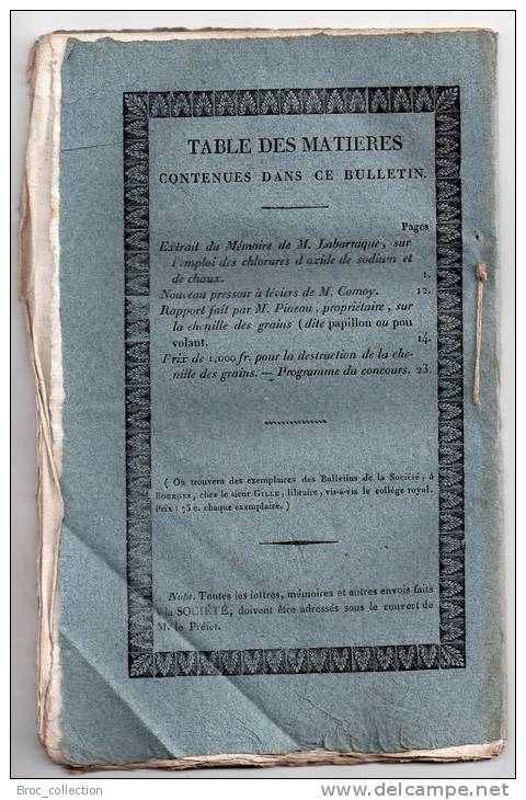 Bulletin De La Société D´Agriculture Du Département Du Cher N° X, 1827, Chaux, Pressoir, Chenille Des Grains Voir Détail - Zeitschriften - Vor 1900