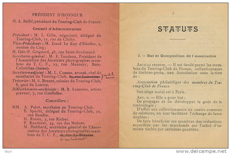 Statuts De L' Association Philatelique Du Touring Club De France 1898 Ballif President - Autres & Non Classés