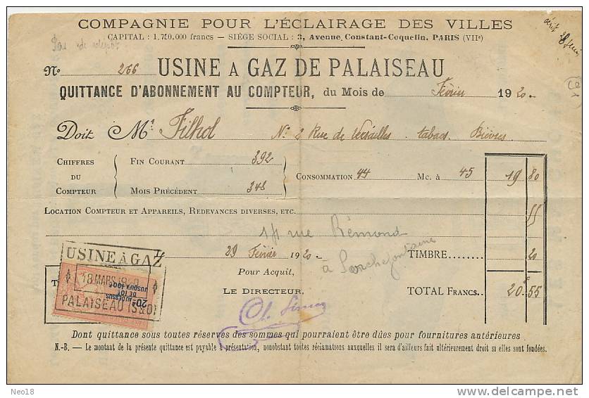 Quittance Usine A Gaz Palaiseau 1920  Pub Manchons Eclairage La Couronne - Altri & Non Classificati