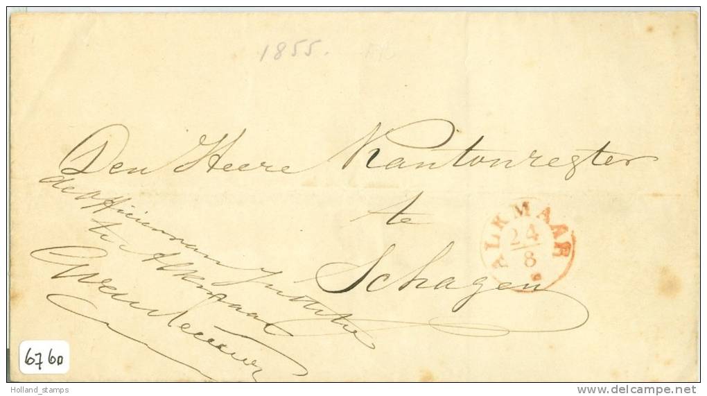 VOORLOPER BRIEFOMSLAG Uit 1855 Van ALKMAAR Naar SCHAGEN * PORTO 20 CT (6760). - Lettres & Documents