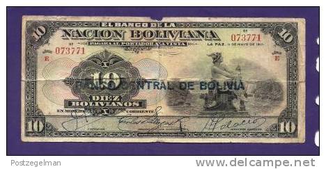 BOLIVIA 1911,  Banknote  ,Used GOOD , 10 Boliviano,  Km107, Little Damaged And Folded - Bolivië