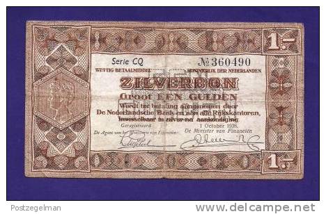 NETHERLANDS 1938 , Zilverbon  ,Used VF, 1 Gulden - 1 Gulde