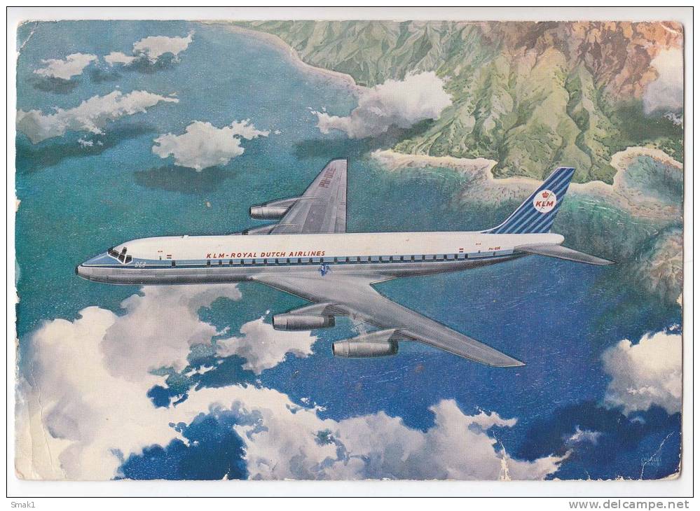 TRANSPORT AIRPLANES KLM´S DOUGLAS DC-8 INTERCONTINENTAL JET ROYAL DUTCH AIRLINES DENMARK BIG POSTCARD 1962. - 1946-....: Moderne