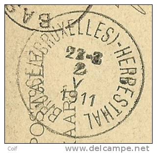 83 Op Kaart Met Stempel ELSENE Met Treinstempel (ambulant) BRUSSEL (BRUXELLES) - HERBESTHAL (28mm) Naar BAS-OHA - Ambulanti