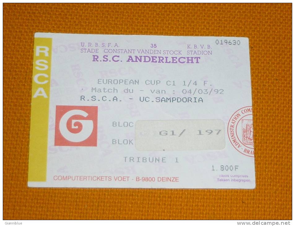 RSC Anderlecht-UC Sampdoria/Football/UEFA Champions League Match Ticket - Tickets D'entrée