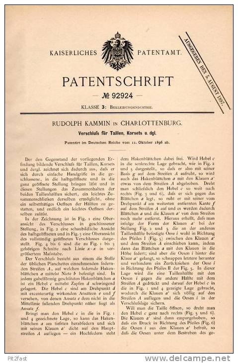 Original Patentschrift - Verschluß Für Korsett Und Taille , 1896 , R. Kammin In Charlottenburg , Corset !!! - Antes De 1900