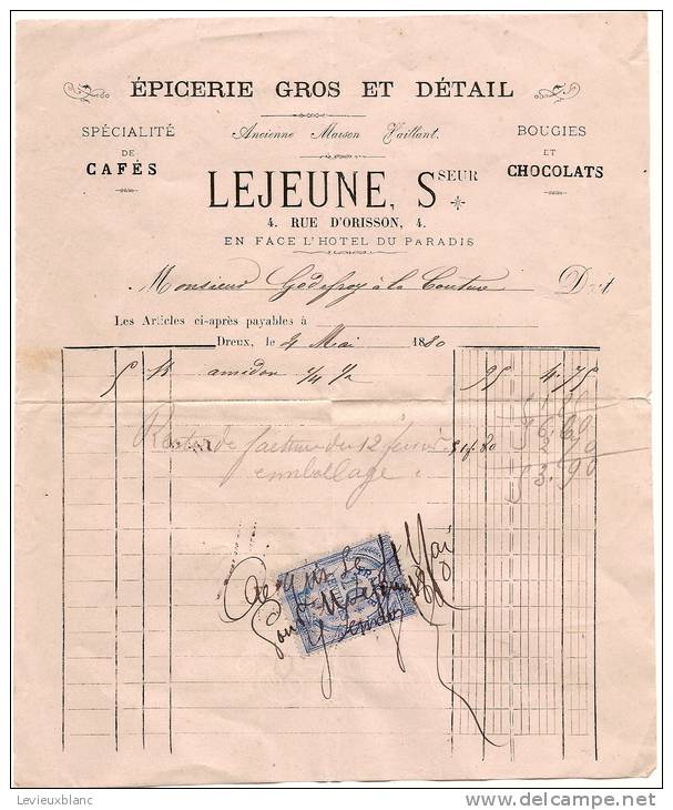 Facture/Epicerie Gros Et Détail/Lejeune Sseur/DREUX/1880     FACT28 - Sport En Toerisme