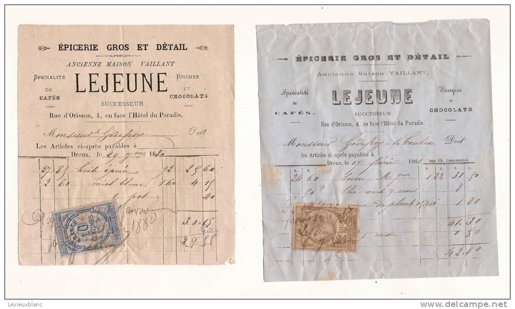 Facture/Epicerie Gros Et Détail/Lejeune Sseur/DREUX/1880 Et 1881     FACT29 - Sport En Toerisme