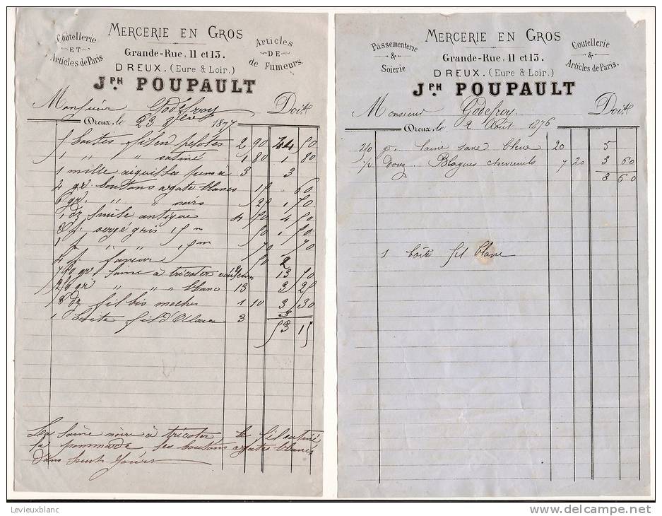 Facture/Mercerie En  Gros/Joseph POUPAULT/DREUX/1876 Et 1877      FACT30 - Sport En Toerisme