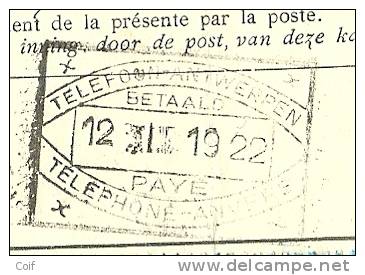 Dokument (Quittance) Met Stempel TELEPHONES - ANVERS /PAYE Op 12/01/1922 - Telefoonzegels [TE]