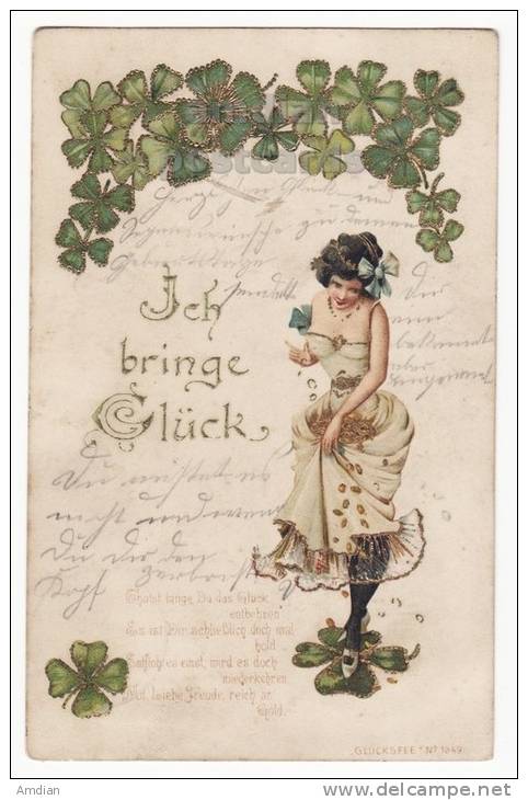 GOOD LUCK WISHES - Ich Bringe Gluck - WOMAN-GOLD COINS-CLOVERLEAFS 1900s Vintage GERMAN UDB Art Postcard  [c3001] - Other & Unclassified