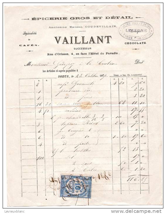 Facture/Epicerie Gros Et Détail/Vaillant/DREUX/1879       FACT31 - Alimentaire