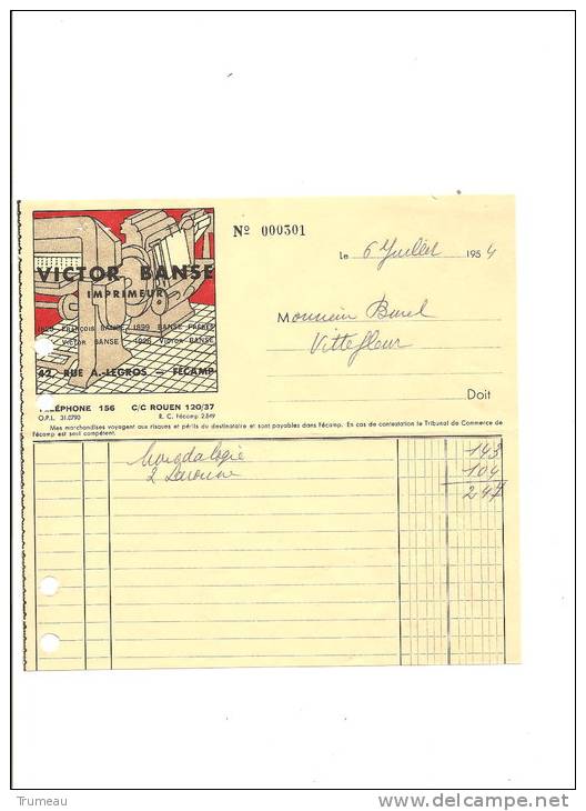 FECAMP-  VICTOR BANSE-IMPRIMEUR-1954 - Imprimerie & Papeterie