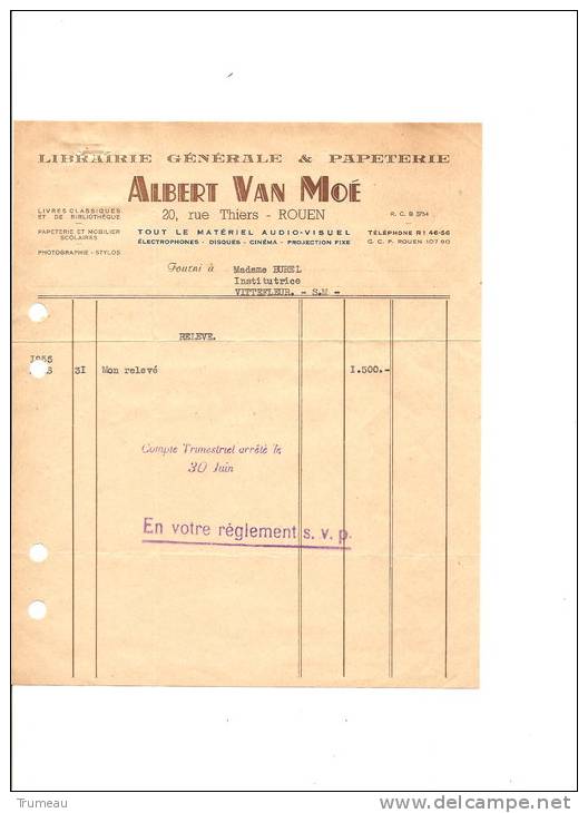 ROUEN ALBERT VAN MOE LIBRAIRIE GENERALE ET PAPETERIE-1955 - Imprimerie & Papeterie