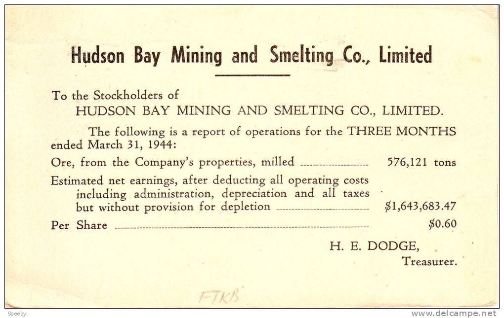 CANADA  ENTIER : H&G Type 17  Met Repiquage Verso "HUDSON BAY MINING And SMELTING  1944 "   " TORONTO " - 1903-1954 Kings