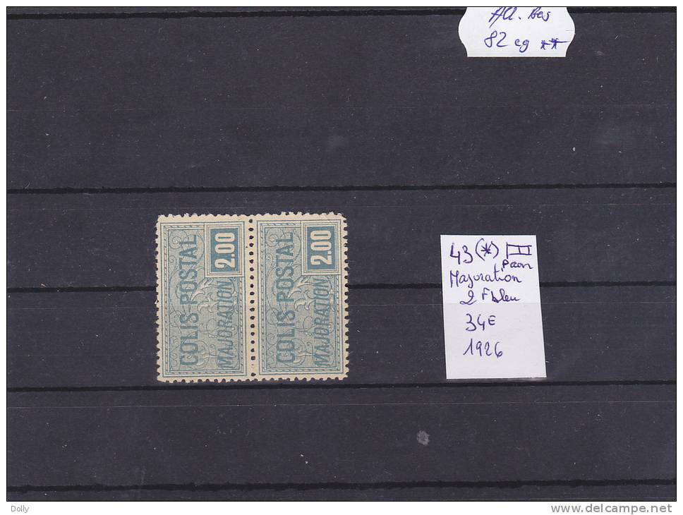 TIMBRE DE FRANCE NEUF* COLIS POSTAUX N.  43 (*) PAIRE MAJORATION 2 F BLEU - Neufs