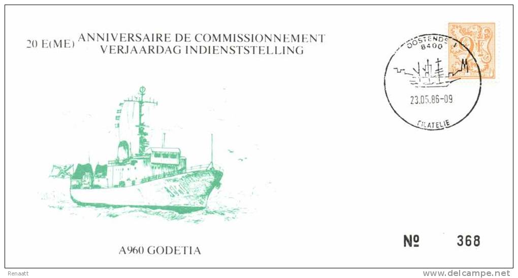 Belgium Cover 1986 A960 Godetia Navy Logistical Support Ship, 20th Anniversary Commissioning - Bateaux