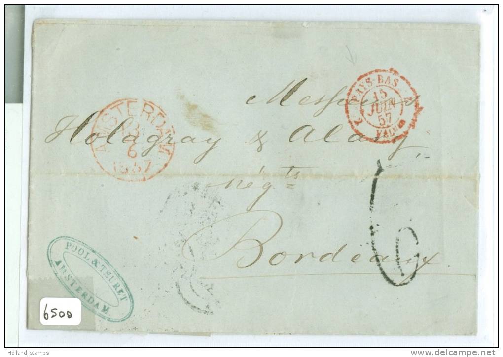 BRIEFOMSLAG * Uit 1857 Van AMSTERDAM Naar BORDEAUX FRANCE * GROEN DROOGSTEMPEL POOL & THURET  (6500) - Covers & Documents