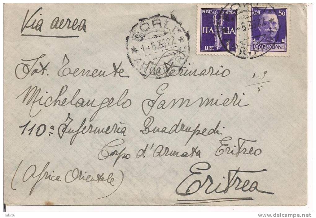 STORIA POSTALE, LETTERA  VIAGGIATA  1936, VIA AEREA,  FORLI - A.O.I.  ERITREA , - Storia Postale (Posta Aerea)