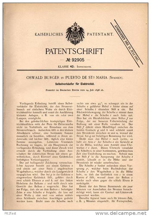 Original Patentschrift - Oswald Burger In Puerto De Santa Maria , Spain , 1896 , Selbstverkäufer Für Elekticität !!! - Historische Dokumente