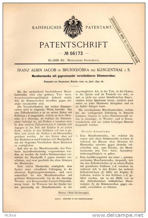 Original Patentschrift - F. Jacob In Brunndöbra B. Klingenthal I.S., 1892 , Mundharmonika !!! - Musical Instruments