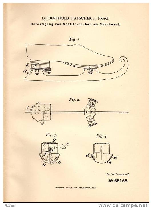 Original Patentschrift - Dr.B. Hatschek In Prag , 1892 , Schittschuh - Befestigung , Schlittschuhe , Eislauf !!! - Kunstschaatsen