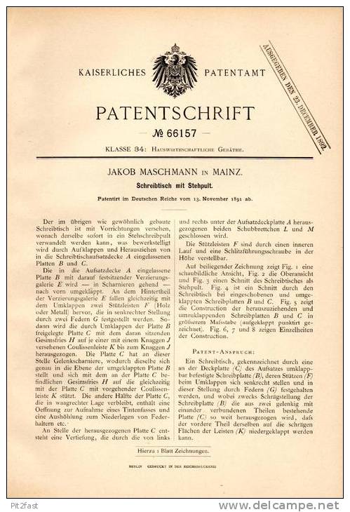 Original Patentschrift - J. Maschmann In Mainz , 1891 , Schreibtisch Mit Stehpult , Schreiner , Tischler !!! - Sonstige & Ohne Zuordnung