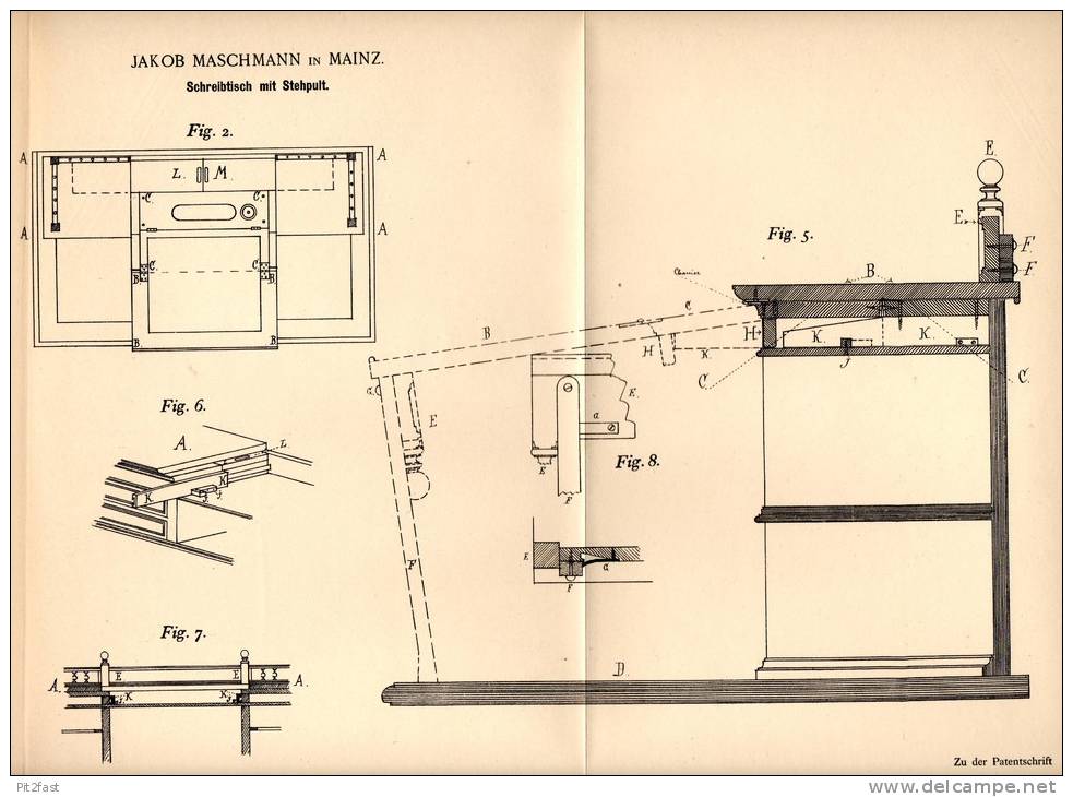 Original Patentschrift - J. Maschmann In Mainz , 1891 , Schreibtisch Mit Stehpult , Schreiner , Tischler !!! - Sonstige & Ohne Zuordnung