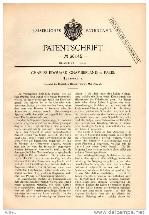 Original Patentschrift -Ch. Chamberland In Paris , 1892 , Sonnenuhr , Cadran Solaire , Sundial !!! - Technics & Instruments