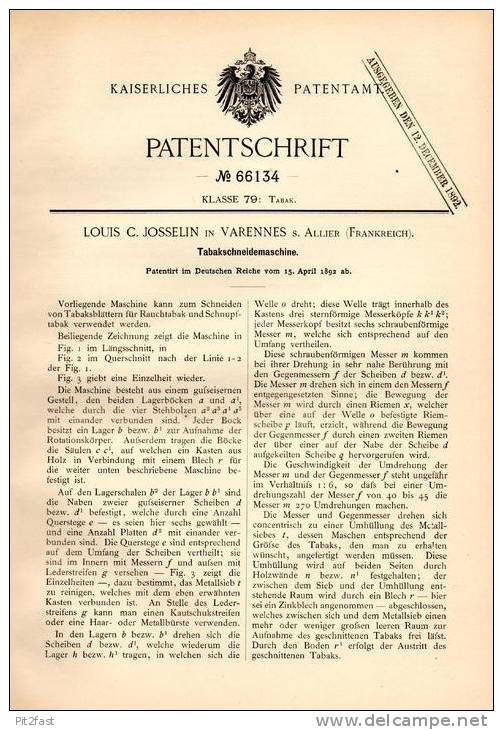 Original Patentschrift - L. Josselin In Varennes Sur Allier , 1892 , Tabak - Schneidemaschine !!! - Machines