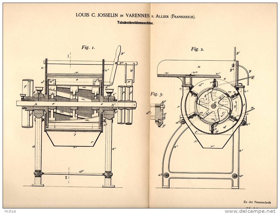 Original Patentschrift - L. Josselin In Varennes Sur Allier , 1892 , Tabak - Schneidemaschine !!! - Machines