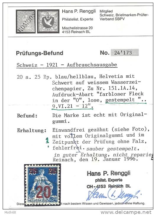 1921 Sitzende Helvetia Mit Schwert "Farbloser Fleck In Der 0"  Mit Attest KW 500 - Abarten