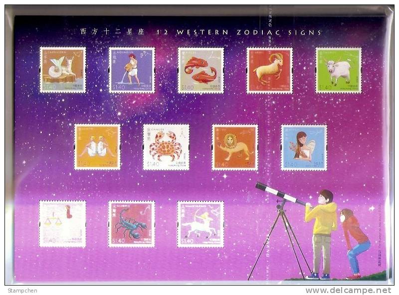 Hong Kong 2012 Western Zodiac Signs Stamps S/s Star Telescope Goat Fish Ox Crab Lion Scorpion Horse - Hojas Bloque