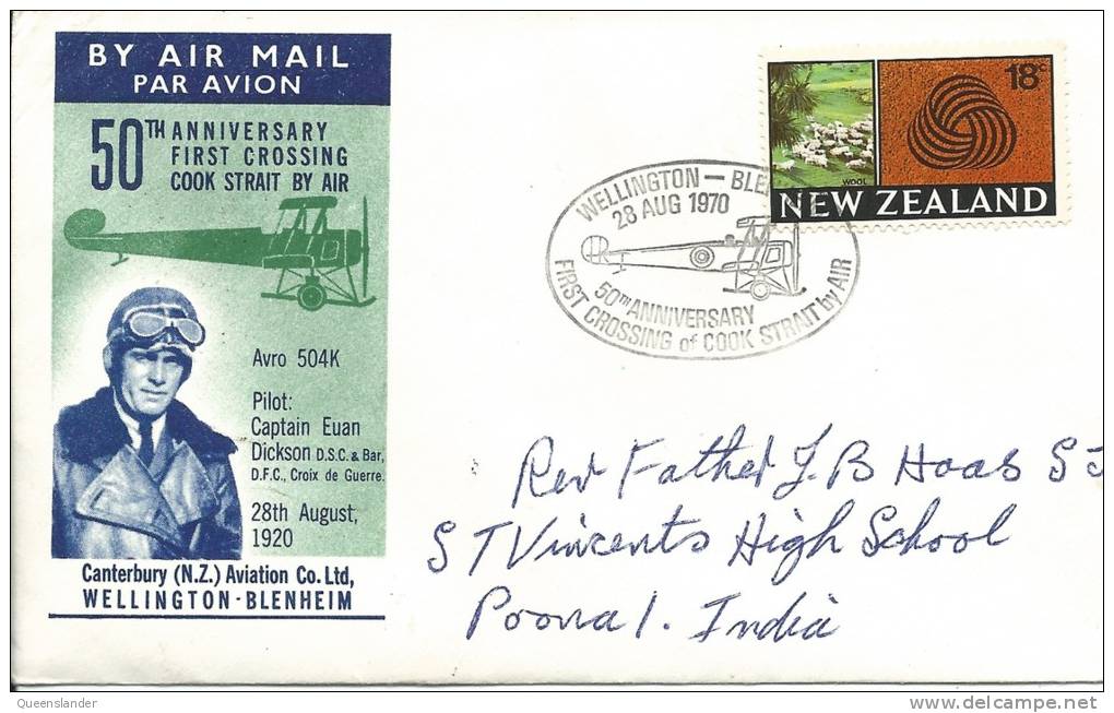 1970 50th Anniversary 1st Crossing  Cook Strait Wellington- Blenheim  28th Aug 1970 Special Postmark Addressed To India - Poste Aérienne