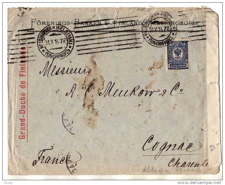 GRAND DUCHE DE FINLANDE 1916 - LETTRE DE HELSINKI POUR COGNAC FRANCE - CENSURE DIVERS CACHETS A VOIR - RARE DOCUMENT - Cartas & Documentos